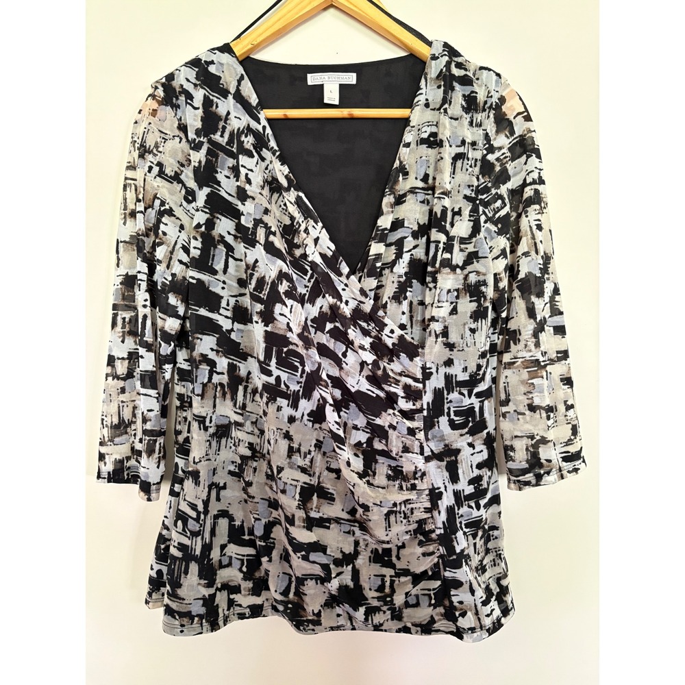 Dana Buchman Womens‎ Large Abstract Print Faux Wrap Blouse 3/4 Sleeve Black Grey